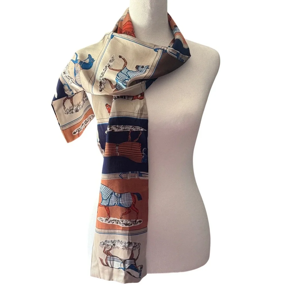 Equestrian Horse Print Silk Scarf Navy Orange Cream Derby Quiet Money Race